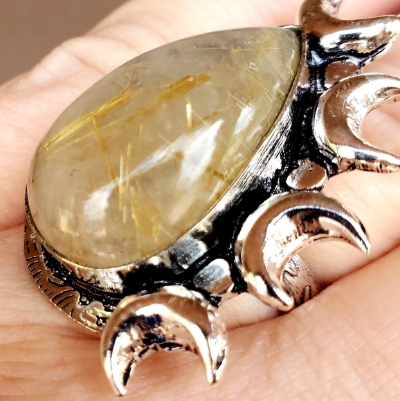 New Witchy Golden Rutile Multi Horned Crescent Moon 925 Silver Ring. - Picture 4 of 12
